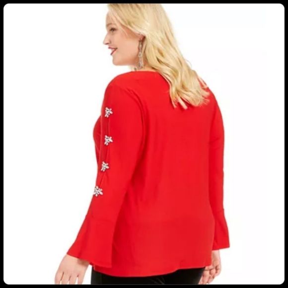 INC Red Rhinestone Embellished Top Sz 0X - Picture 6 of 10
